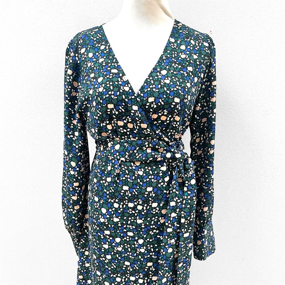 Nordstrom Halogen Blue & Green Floral Long Sleeve Midi Wrap Dress, Women's Small